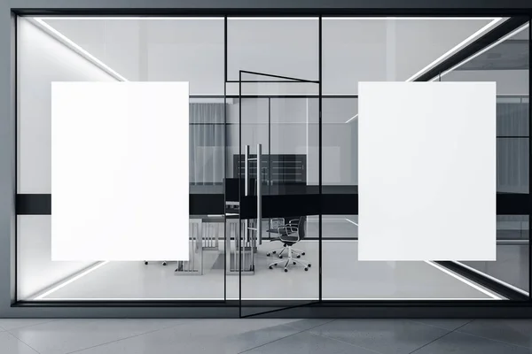 Interior Oficina Coworking Lujo Con Dos Carteles Blanco Pared Vidrio —  Fotos de Stock