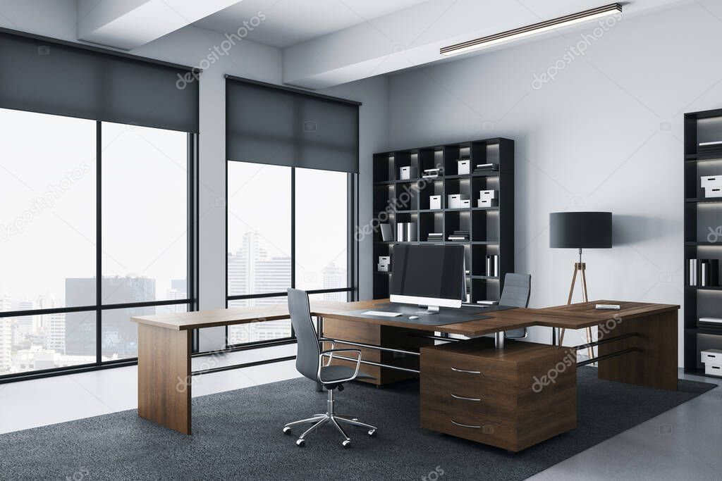 Luxury office room with computers on table, furniture, city view and shelf with documents. Workplace and company concept. 3D Rendering