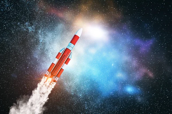 Fliegende Rote Rakete Weltraumhimmel Geschäfts Und Gründungskonzept Rendering — Stockfoto