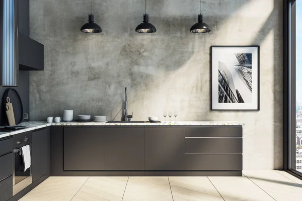 Kitchen studio interor with picture on concrete wall. Design and style concept. 3D Rendering