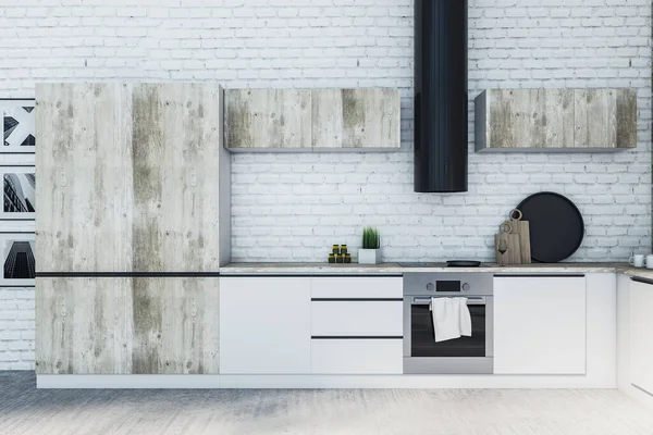 现代木制厨房室内工作室 设计和风格概念 靠近点3D渲染 — 图库照片
