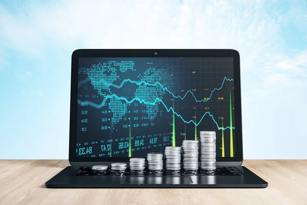 画面上のビジネスグラフと銀コインのチャート 貿易と金融の概念 3Dレンダリング — ストック写真