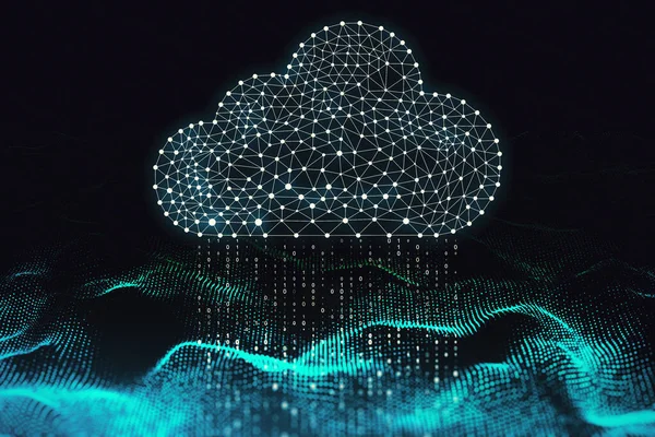 Creative glowing polygonal binary code cloud raining on dark background. Cloud computing and storage concept. 3D Rendering