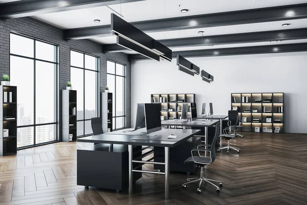 Modern open space office with big windows, tables with computers, office chairs and shelves with folders. Workplace and company concept. 3D Rendering