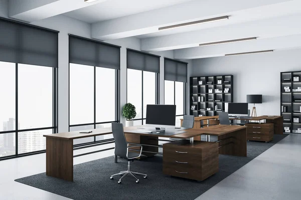 Coworking Sala Oficina Con Vistas Panorámicas Ciudad Ordenadores Mesa Estante —  Fotos de Stock