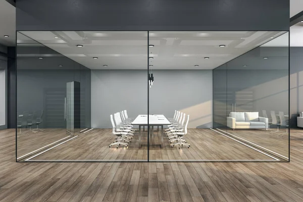 Moderner Konferenzraum Mit Verhandlungstisch Holzboden Und Glaswand Arbeitsplatz Und Lebensstilkonzept — Stockfoto