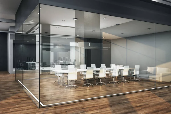 Luxury conference room with wooden floor and glass wall. Workplace and company concept. 3D Rendering