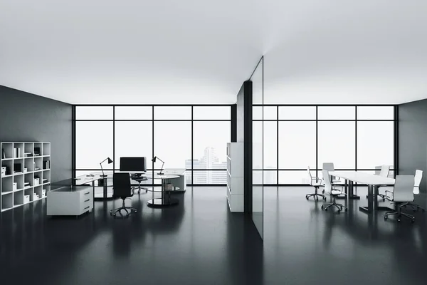 Interior Oficina Contemporáneo Con Ordenadores Mesa Reuniones Concepto Lugar Trabajo —  Fotos de Stock