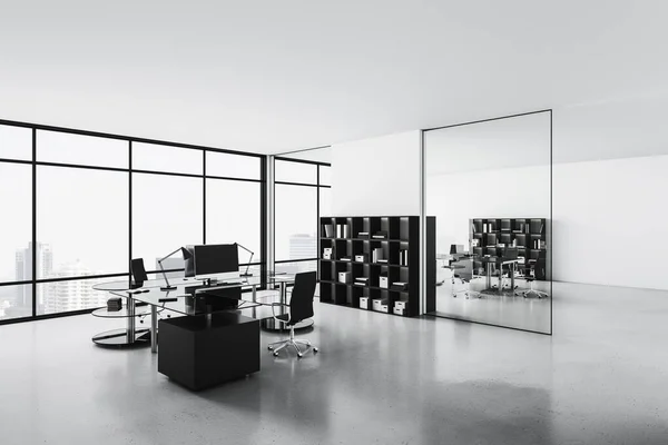 Contemporáneo Loft Interior Oficina Con Estantes Con Documentos Vista Ciudad —  Fotos de Stock