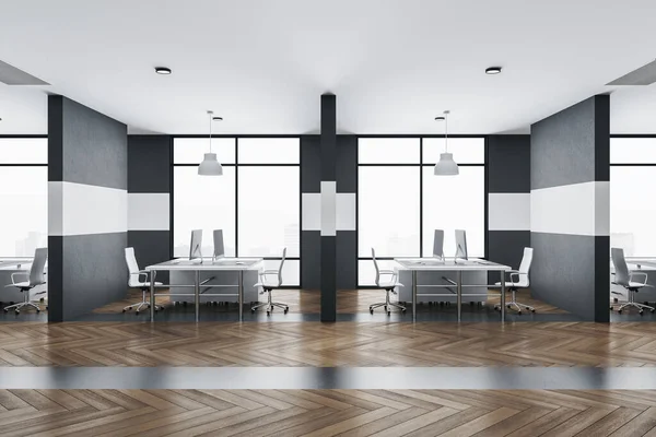 Contemporary Office Interior Rows Computer Tables Panoramic City View Workplace — Stock Photo, Image