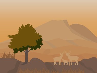 Gece sahnesinde dağ ve geyik ailesi, vektör görüntüsü.