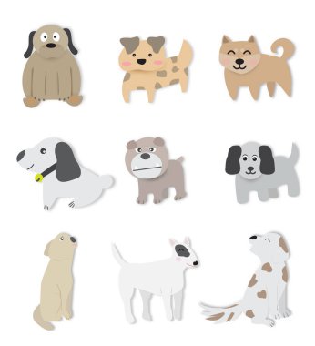 Bir grup şirin köpek, vektör illüstrasyon kağıt sanat tarzı.
