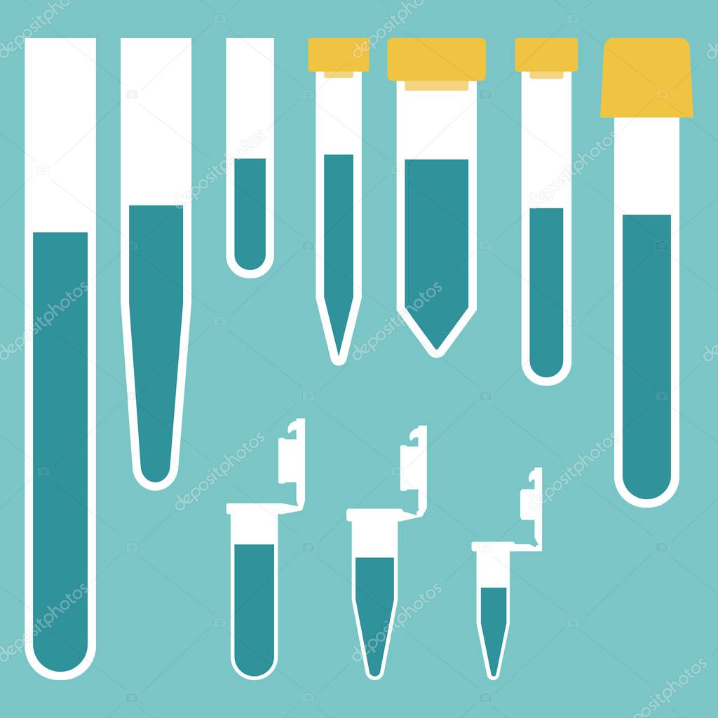 Laboratory tubes of different volumes, closed and opened. Stylized Vector.