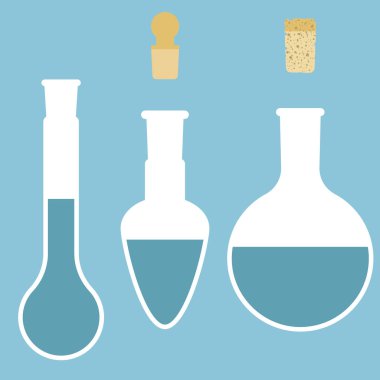 armut şeklinde ki şişe, yuvarlak dipli şişe, kjeldahl şişesi ve farklı kapaklı floransa şişesi