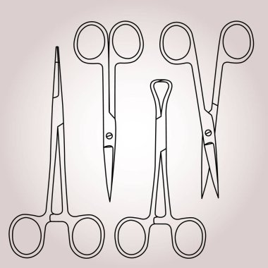 set of medical clamps and scissors. Medical instruments. Laboratory instumenty. Labolator scissors. Medical scissors. Surgical instruments. Surgical clamp clipart