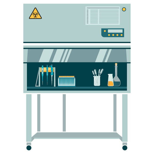 laminar box with labware and laboratory glassware: laboratory pipette, flasks, Erlenmeyer flask, flat-bottomed flask. Work in sterile conditions. Equipped for experimentation. vector illustration