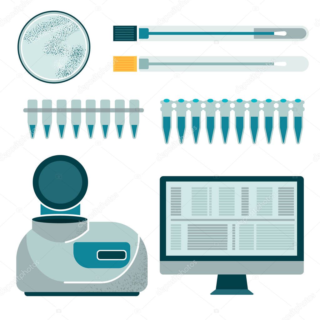laboratory equipment: PCR Amplification and swab probe, computer, petri dish. vector illustration. 