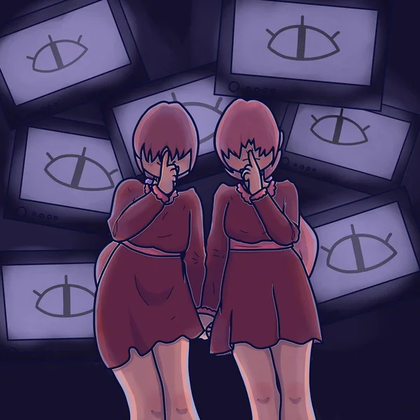 Twin Girls Teen Girlfriends Cartoon Heroes 免版税图库图片