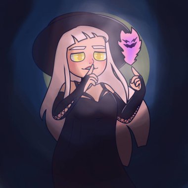 Siyah şapkalı cadı. Siyahlı cadı. Cadılar Bayramı için İllüstrasyon. Şeytan iblisi. Sarı gözler. Cadı yüzü. Mistik bir gece. Dolunay. Kötü cadının sırrı. Pembe saçlı. Büyüler. Gece meclisi