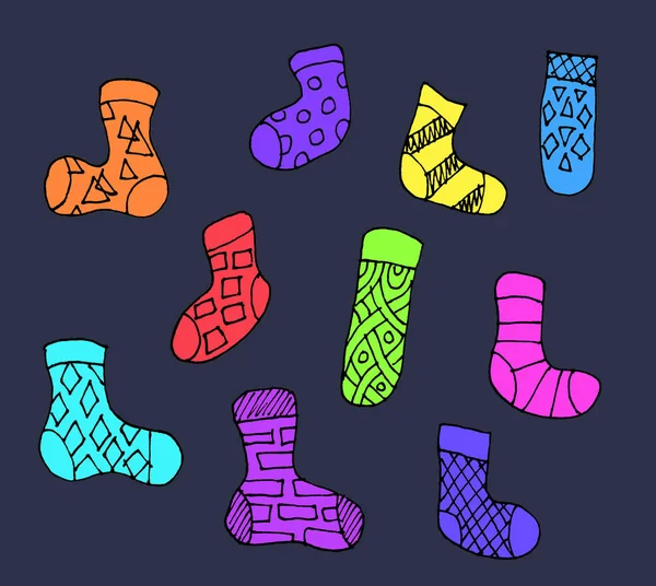 在深蓝色背景上隔离的不同涂鸦轮廓袜子 一套十双五颜六色的袜子 平面插图 — 图库照片