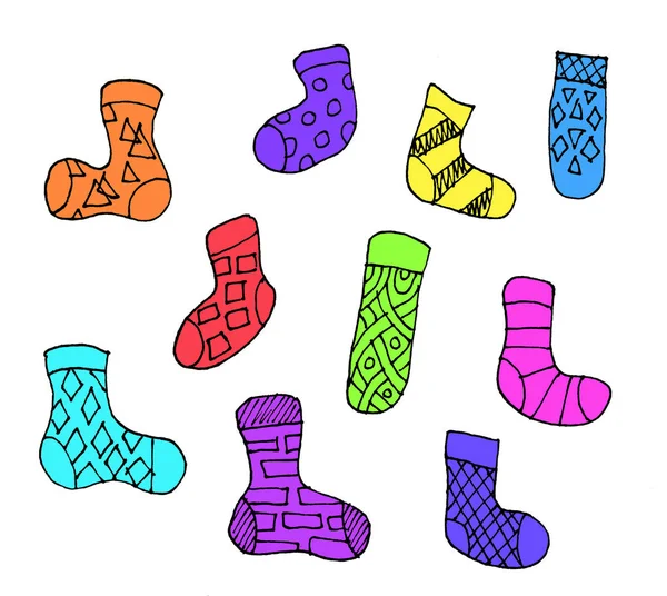 在白色背景上隔离的不同涂鸦轮廓袜子 一套十双五颜六色的袜子 平面插图 — 图库照片