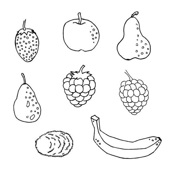 Set di agrumi tropicali disegnati a mano in bianco e nero in stile inchiostro. Buona idea per i modelli di menu, ricette. Biglietti d'auguri. Illustrazione vettoriale. Pera trafilata, kiwi, banana, lampone — Vettoriale Stock