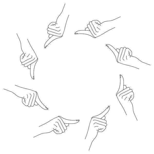 Logo noir et blanc sur fond blanc, huit mains pointées l'une vers l'autre. Main avec index. Croquis main, l'index, doigt pointeur . — Image vectorielle
