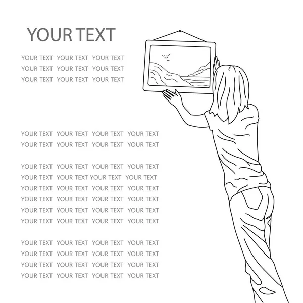 Młoda dziewczyna wisi obraz z krajobrazu na ścianie. Stoi z nią z powrotem. Rysowanie liniowe. Vector ilustracji artystycznej. Piękne malarstwo. Styl mody. Obiekt izolowany. Miejsce na tekst — Wektor stockowy