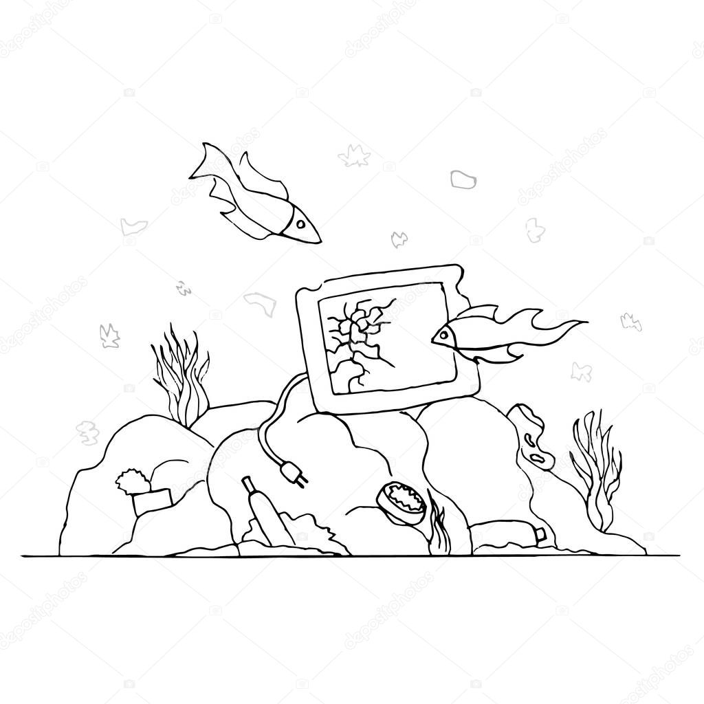 Garbage at the bottom of the sea. Past the broken TV fish swim. Environmental protection. Zero waste. Problem of ecology. Linear art. Black and white vector drawing. Ecological situation.