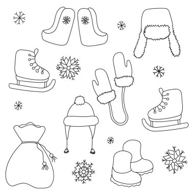 Kış sezonu temalı doodle seti. Eldivenler, patenler, botlar, çanta dolusu, şapkalı, kar taneleri. Tebrik kartları, posterler, çıkartmalar ve mevsimlik tasarım için kış öğeleri. Kış teması. Yeni yıl. Noel