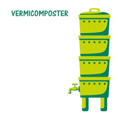 Vermicomposter- mutfaktaki organik atıkları işleyen solucanlar için bir yuva, seçici bir yaklaşım. Ekolojik yaklaşım. Sıfır kayıp. Gübreleme organik atık. Çöp geri dönüşümü. Vektör illüstrasyonu