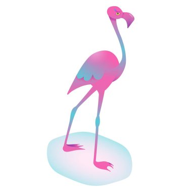 Beyaz arkaplanda izole edilmiş pembe flamingo vektör çizimi. Egzotik tropikal kuş. Sevimli çizgi film karakteri. Dekorasyon elemanı. Düz dizayn. İzole edilmiş. Hayvanat bahçesi hayvanı. Sulu pembe ve mavi renkler