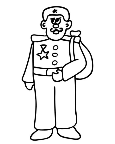 Line soldier on a white background. The design of the characters. The man in the form is drawn in the style of a Doodle. Isolated illustration. Line art for design of cards, cards, childrens books — Stock Vector