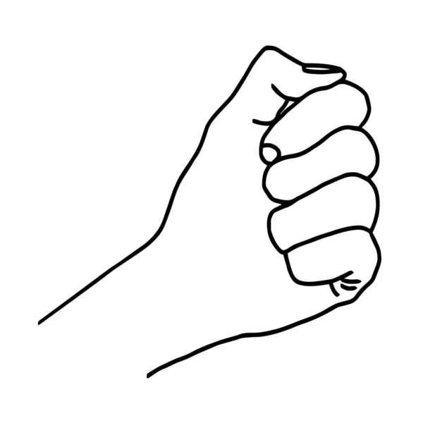 拳をぶつけるチームの手の線画。線形芸術手が拳に握り締め付かれて白い背景に分離された図面。チームワーク。ウェブサイトのデザイン、ロゴ、小冊子 — ストックベクタ