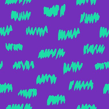Kaotik fırça darbeleriyle kusursuz parlak bir tasvir. Sulu mentollü ve mor renkli. Komik çocuk baskısı. Kumaş için arka plan, web sitesi tasarımı, defter kapakları, kartpostallar