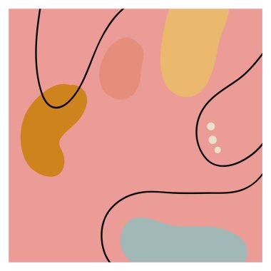 Siyah çizgili kare arkaplan ve soyut oval renk şekilleri. Elle çizilmiş çeşitli şekiller ve karalama nesneleri. Modern trend vektör illüstrasyonu. Hassas pastel renkler. Boşluğu kopyala