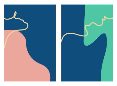 İnce, bükülmüş ışık çizgisi olan dikdörtgen, iki renkli arkaplan. Elle çizilmiş çeşitli nesneler ve karalamalar. Moda vektör illüstrasyonu. Pastel renkler moda. Stok illüstrasyonu