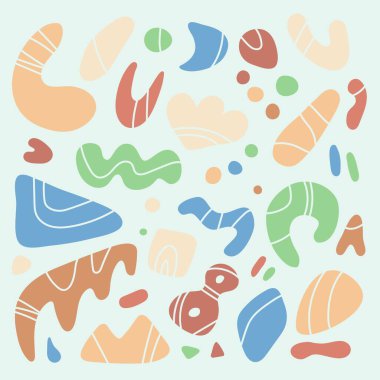 Abstract figures, drawings a set of stock vector illustrations. Circles, ovals, curved shapes, triangles with thin white wavy, spiral lines. Abstract, drawn figures isolated on a white background