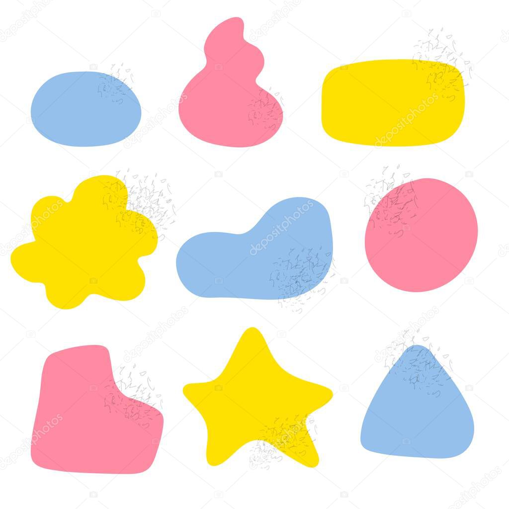 Vector set of nine abstract shapes in pink, blue, yellow.Simple doodles. Colored rounded spots are a circle, square, star, etc. Stock illustration. You can use these elements as a background for text.
