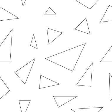 Rastgele yerleştirilmiş keskin siyah ve beyaz parçaların kusursuz beyaz arka planı. Küçük ve büyük parçalar. Ambalaj kağıdı ve tekstil baskısı için vektör çizimi. Soyut mozaik desen. Sonsuz doku