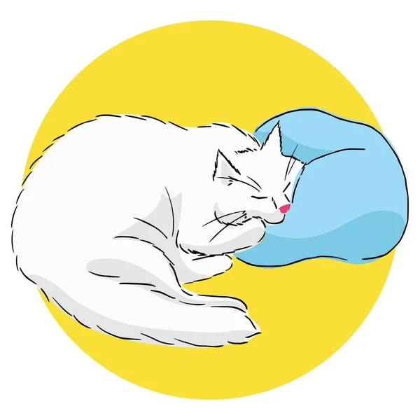 Disegno di un simpatico gatto addormentato bianco sdraiato con la guancia sul cuscino. Illustrazione a colori di un animale con ombre semplici su uno sfondo giallo. Immagine realistica. Disegno lineare con riempimento a colori — Vettoriale Stock