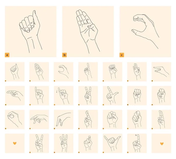 A set of isolated gestures for the deaf and dumb. Black linear drawing on a light background. Black and white drawing of a hand. Deaf and dumb language. Stock vector illustration. Cards to study — Stock vektor