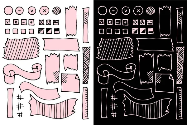 En uppsättning olika element för den dagliga planeraren. Schemaläggning. Dagbokens utformning. Sedlar, tejp, ikoner för avslutade, ouppfyllda och uppskjutna uppgifter. Set med fyllning och utan fyllning — Stock vektor