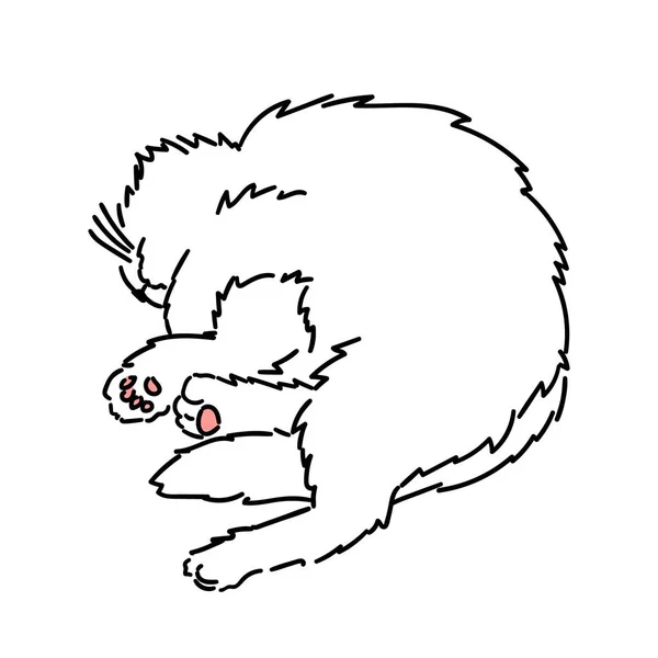 Ritning av en söt sovande katt som ligger på sidan med utsträckta ben. Svart och vit illustration av ett djur. Tass med rosa kudde. Realistisk bild av ett djur. Illustration av lagervektor — Stock vektor