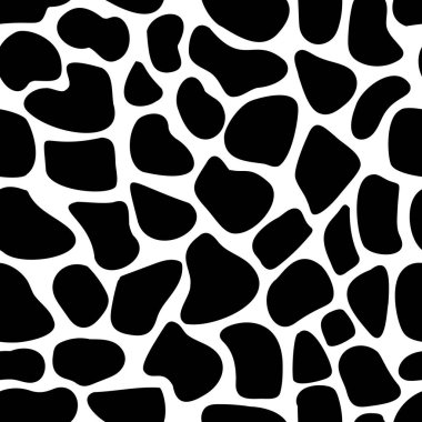 Vektörsüz benekli desen. Beyaz arka planda çeşitli şekillerde siyah noktalar. Birçok şekilsiz yuvarlak şekil. Eğilim modeli. Leopar deseni. Doodle tarzı. Stok çizimi. Kumaş için, örtü için