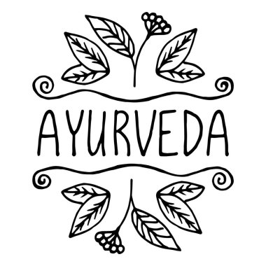 Ayurveda ürün etiketi. Paketleme, web tasarımları, reklam ürünleri için uygun. El çizimi siyah ve beyaz çizgisel desen. Mektup. Geleneksel Hint tıbbı Ayurveda