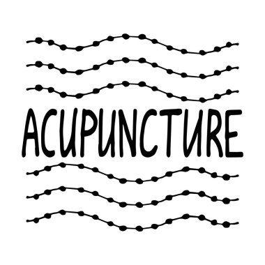 Akupunktur alternatif bir ilaçtır. Paketleme, web tasarımları, reklam ürünleri, etiketleme için uygun. El çizimi siyah-beyaz doğrusal desen. Mektup. Akupunkturun vektör sembolü. Stok vektörü