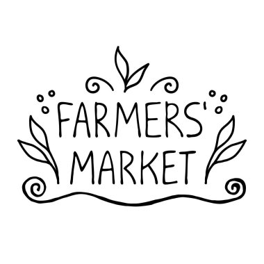 Çiftçi pazarı. Vektör logosu veya etiketi. Doğal ürün kavramı, çevre dostu, taze ve temiz. Elle çizilmiş yazıtlar. Sağlıklı bir hayat. Bir restoranın, kafenin menüsünü tasarlamak için bir unsur