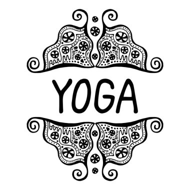 Yoga ruhsal ve fiziksel bir uygulamadır, sağlıklı bir yaşam tarzının felsefesidir. Paketleme, web tasarımı, reklam ürünleri, etiketler için uygun. Elle çizilmiş siyah ve beyaz çizgisel desen. Vektör