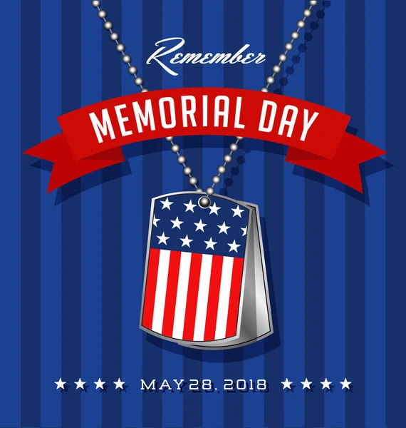 Memorial Day card or banner design with soldier's dog tags, banner and flag on blue striped background — Stock Vector